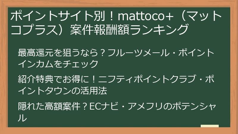 ポイントサイト別！mattoco+（マットコプラス）案件報酬額ランキング