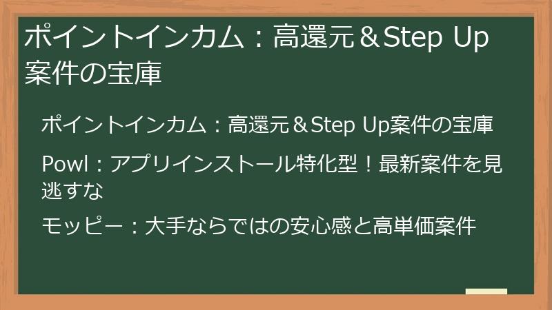 ポイントインカム：高還元＆Step Up案件の宝庫