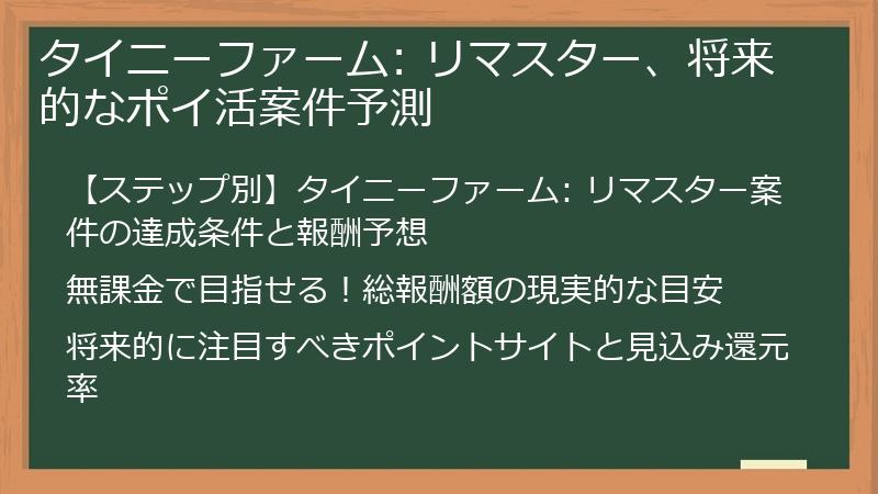タイニーファーム: リマスター、将来的なポイ活案件予測