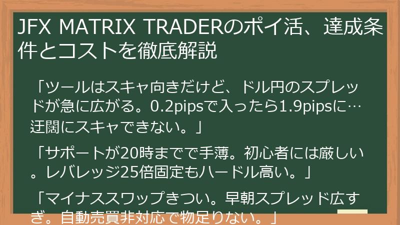 JFX MATRIX TRADERのポイ活、達成条件とコストを徹底解説